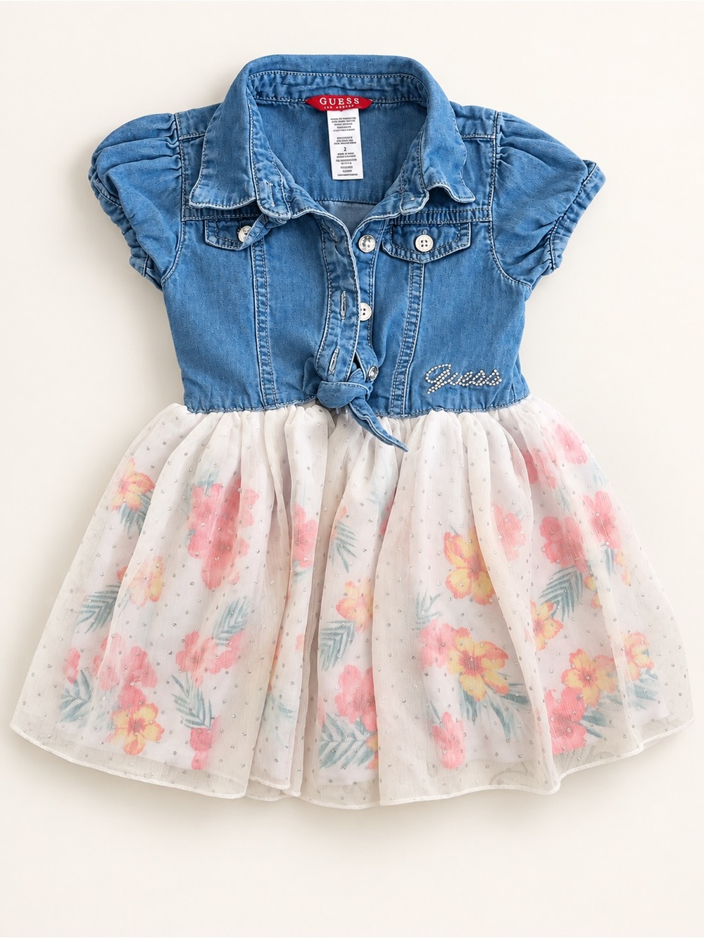 Guess Denim Top with White Floral Tulle Skirt Dress